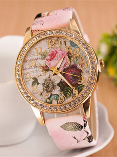 كامل حجر الراين زهرة جلدية Watch سيدة عارضة الأزهار كوارتز ساعة اليد هدية لها-18561