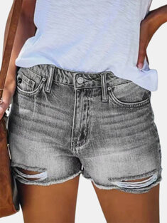 Ripped Washed Denim Short Jeans