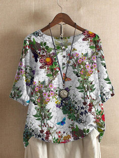 Flower Butterfly Print Button T-shirt-3314