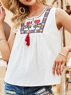 Flower Embroidery Knotted Tank Top-3313