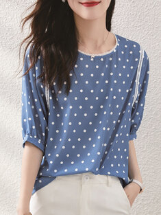 Polka Dot Lace Patchwork Round Neck Half Sleeve Casual Blouse-138612