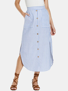 Striped Print Slit Casual Skirt-1040