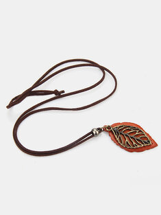Vintage Double Leaves Pendant Leather Necklace Handmade Gold Color Leaf Long Necklaces for Women Men-144685