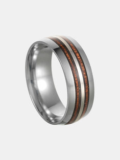 1 Pcs Stainless Steel Double Groove Wood Creative Vintage Ring