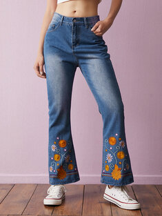 Floral Embroidery Flare Leg Denim Jeans-1026
