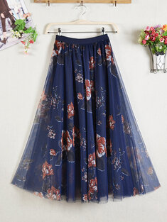 Calico Print Mesh Pleated Skirt-756