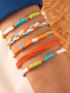 5 Pcs Resin Braided Rope Woven Ethnic Colorful Beaded Multilayer Bracelets-144720