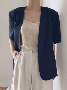 Solid Button Front Pocket Short Sleeve Lapel Casual Blazer