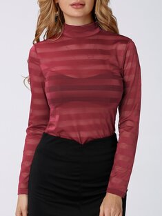 Sexy See-through Stripe Long Sleeves Turtleneck Women T-shirt-3372