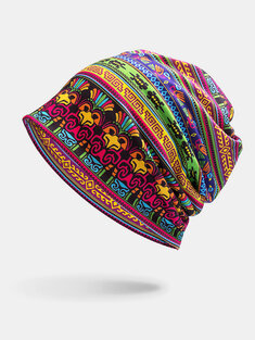 Women Dual-Use Cotton Color-Block Ethnic Print Beanie Hat Scarf