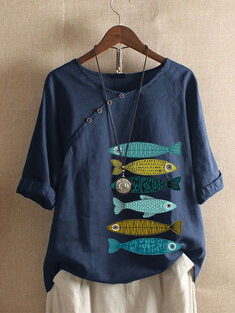 Fish Printed Button O-Neck T-shirt-3098