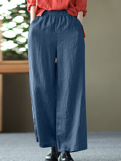 Solid Wide Leg Pocket Elastic Waist Cotton Pants
