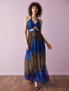 Leopard Halter Slit Maxi Dress