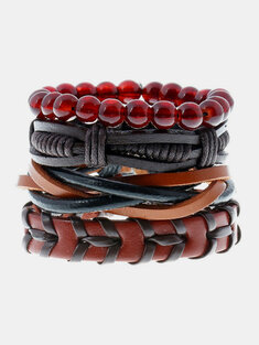 Punk 4PCS Bangle Bracelet Leather Multilayer Braid Bead Adjustable Bracelet Ethnic Jewelry for Men