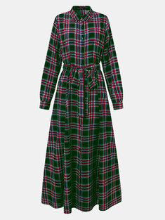 Plaid Print Knotted Lapel Casual Dress-144910
