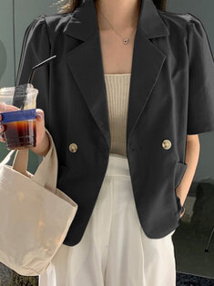 Solid Color Puff Sleeve Lapel Front Buttons Blazer