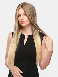 30 بوصة شعر مستعار بني متدرج ذهبي طويل مستقيم يسمح بمرور الهواء للجزء الأوسط من الشعر المستعار