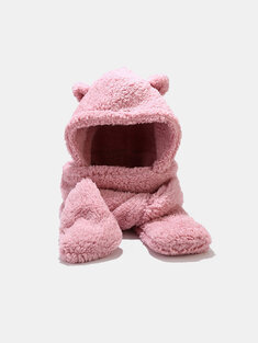 Women Lambswool Plush Solid Color Bear Ear Decoration Ear Neck Protection Warmth One-piece Scarf Gloves Hat Beanie Hat