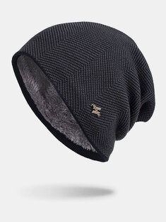Men Winter Plus Velvet Striped Pattern Outdoor Knitted Warm Beanie Hat