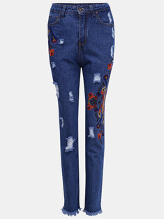 Casual Embroidered Hollow Middle Waist Women Jeans-803