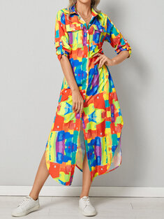 Tie Dye Newspaper Geo Shirt Dress-144864