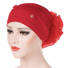 Women Pan Flower Hat Oversized With Flower Headscarf Beanies Hat Solid Color BeadedCotton Cap-144524