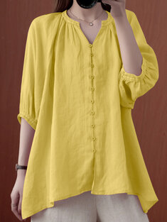 Solid Button V-neck Loose Blouse-3190