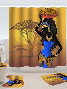 Exotic African Girls Bathroom Shower Curtain Toilet Cover Mat Non-Slip Rug