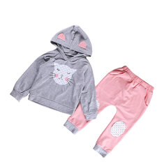 Girl's Cat Print Hooded Suit For 2-9Y