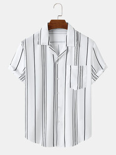 Mens Striped Revere Collar Chest Pocket Short Sleeve Shirts