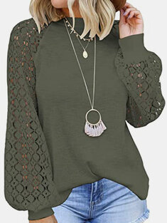 Lace Patchwork Solid Casual Blouse-51