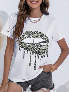 Leopard Lips Print Ripped T-shirt-3146