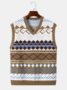 Mens Knit Geometric Print Sleeveless V Neck Hit Trim Sweaters