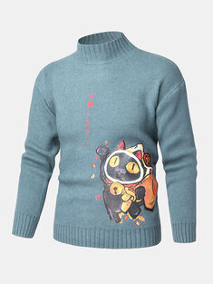 Cartoon Fortune Cat Print Sweaters-10377