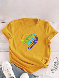 Heart Print O-neck T-Shirt-3121