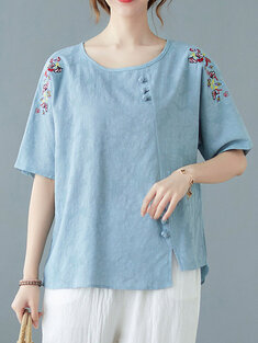 Floral Embroidery Dish Loose T-shirt-3152