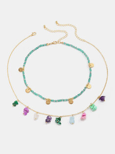 2 Pcs Alloy Bohemia Colorful Multi Layer Irregular Natural Stone Beads Geometric Pendant Necklace