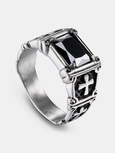 1 Pcs Alloy Vintage Casual Cross Engraving Glass Ring