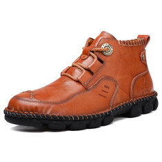 Men Cow Leather Hand Stitching Comfy Soft Lave Up Casaul Ankle Boots-142171