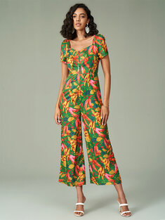 Tropical Floral Painted Button Square Collar Short Sleeve Jumpsuit