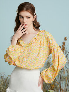 Floral Print Ruffle Loose Blouse-3233