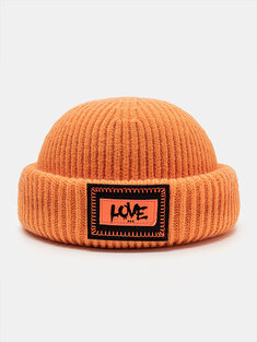 Unisex Knitted Solid Color Letter Pattern Patch Brimless Flanging Outdoor Warmth Brimless Beanie Landlord Cap Skull Cap