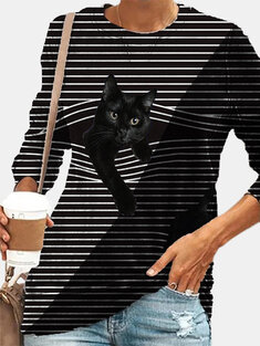 Two-tone Striped Cat Print T-shirt