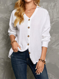 Solid Button Long Sleeve Blouse