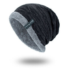 Mens Solid Color Stripe Knit Plus Velvet Fashion Beanie Hats For Men Outdoor Keep Warm Caps-144453