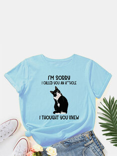 Letters Cartoon Cat Print T-shirt-3321