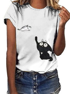 Cartoon Cat Fish Print T-shirt-3274