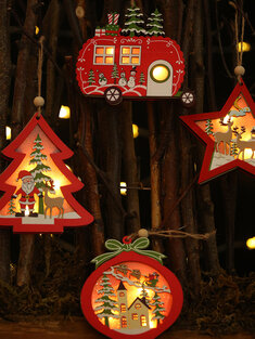 1 قطعة زينة الكريسماس مع ضوء المعلقات الخشبية المجوفة زينة شجرة صغيرة للسيارة الإبداعية