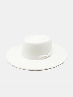 Unisex Woolen Felt Solid Color Bandage Bowknot Decoration Concave Top Fedora Hat
