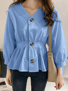 Solid Button Long Sleeve Blouse-3260